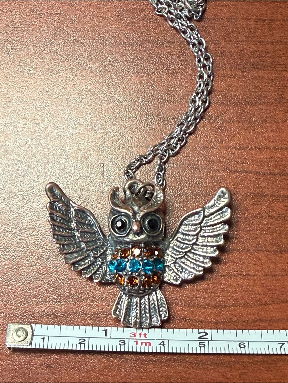Enchanting Silver Owl Pendant Necklace with Blue & Orange Rhinestones
